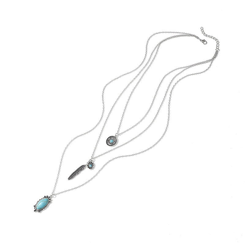 Wholesale Retro Bohemian Turquoise Feather 3-Layer Necklace Fashion Accessory for Boutique Resale