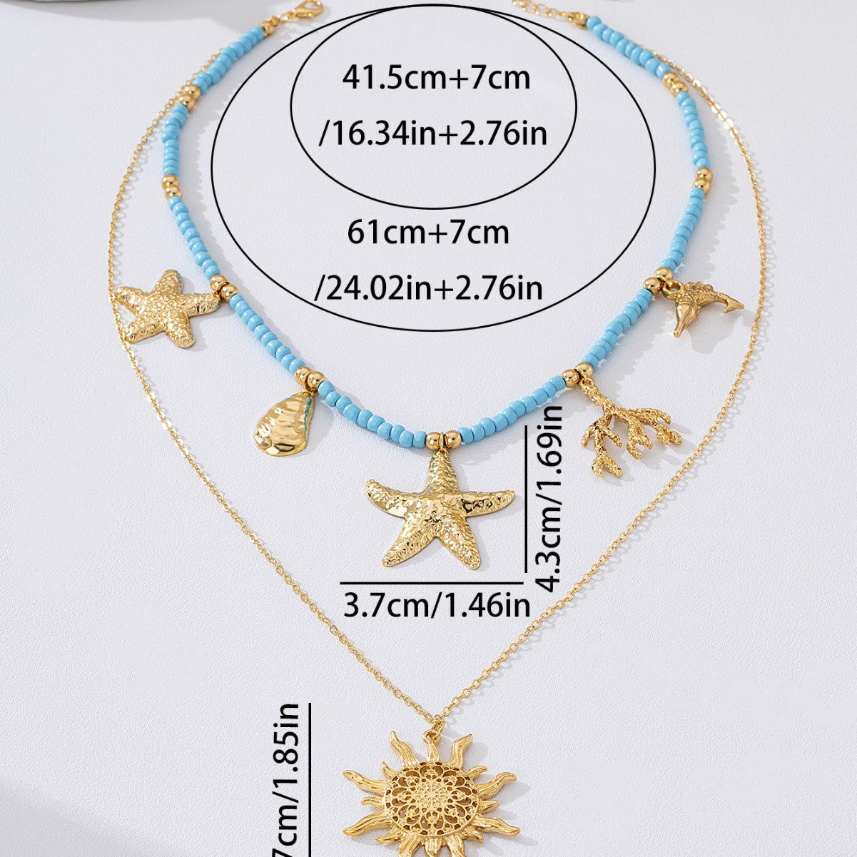 Wholesale Zinc Alloy Double Layer Ocean Necklace Blue Bead Sea Star Sun Pendant Trendy Summer Beach Jewelry For Women