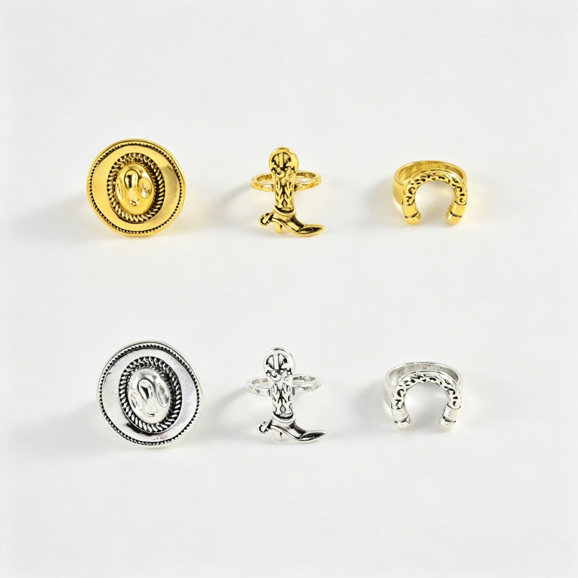 Wholesale Western Cowboy Style Horseshoe Ring Set Gold Zinc Alloy Electroplated 3 Piece Jewelry Accessory For Parties