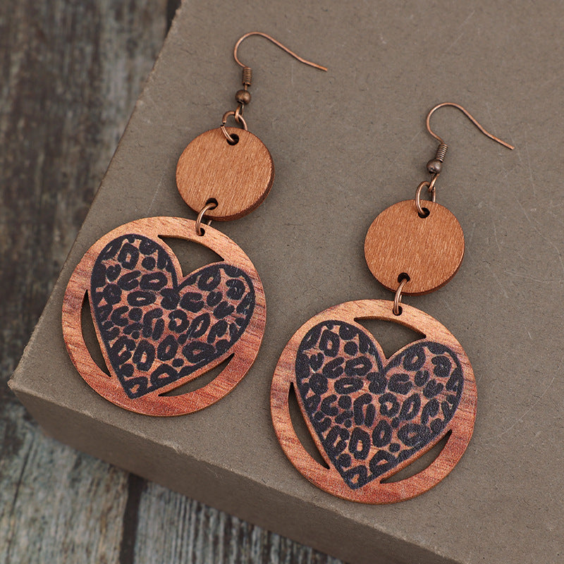 Wholesale Wood Women' s Earrings Leopard Print Hollow Love Design Boutique Resale