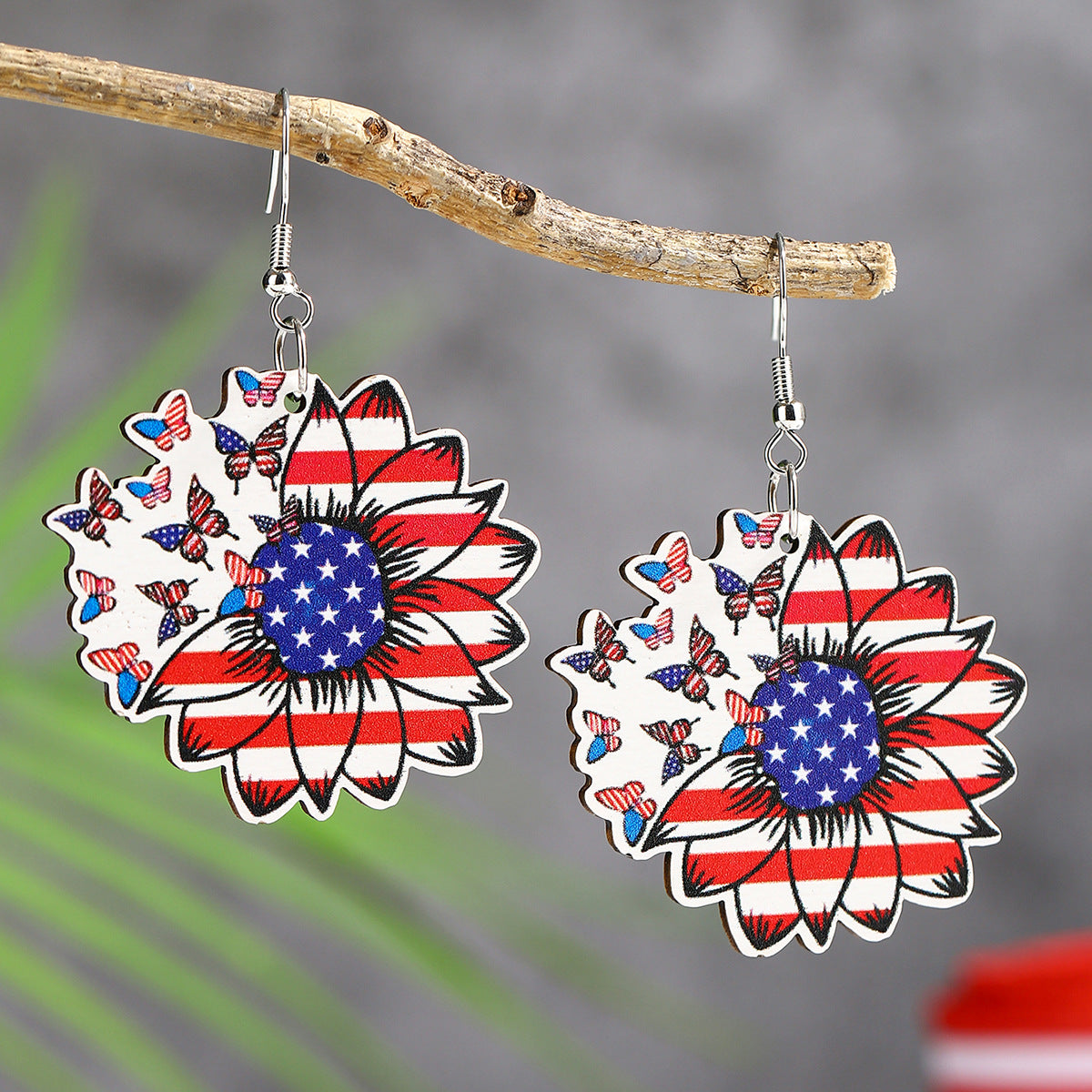 Wholesale  US Independence Day Element Wooden Water Drop Earrings