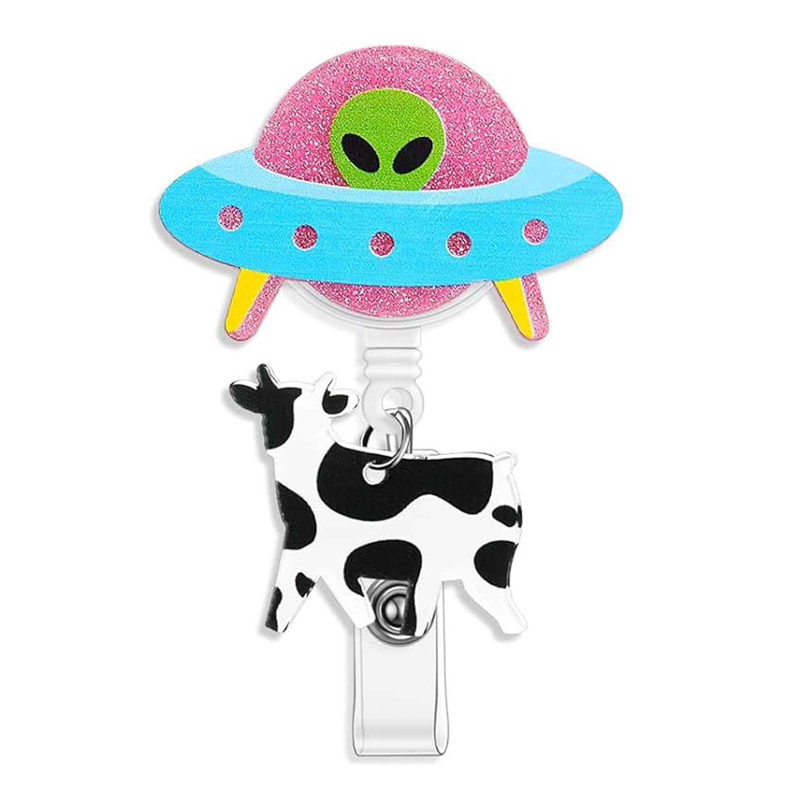 Wholesale Acrylic Glitter Alien Cow Retractable Rotating Badge Keychain ACC-KC-QiDing010