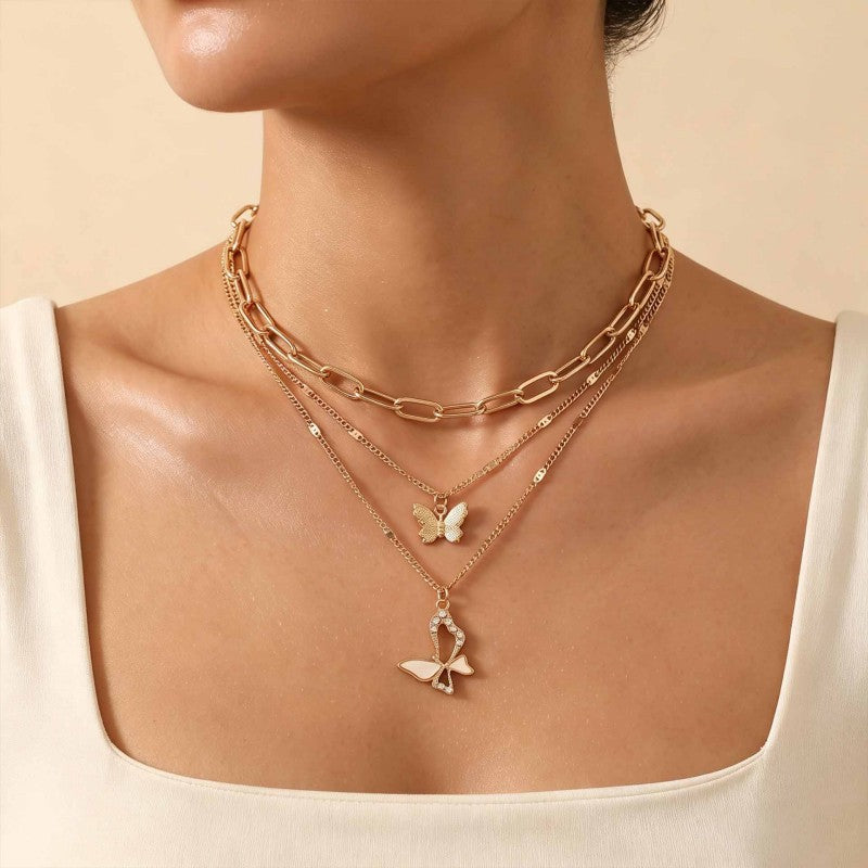 Wholesale Vintage Hollow Out Three Layer Butterfly Layering Necklace For Women Gold Alloy Fashion Accessory Gift
