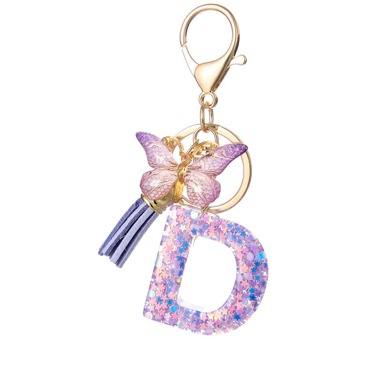 Wholesale Purple Star Tassel Resin Keychain 26 English Letters Bag Charm For Women Students Fashion Decorative Accessory
