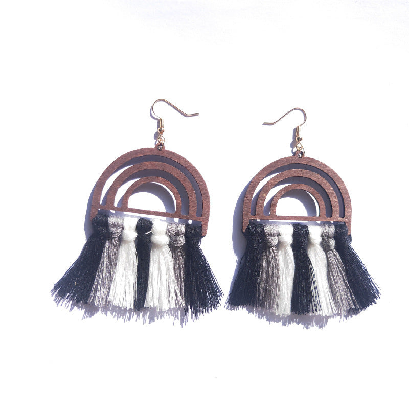 Wholesale Bohemian Handwoven Rainbow Wood Tassel Earrings ACC-ES-Jixuan004