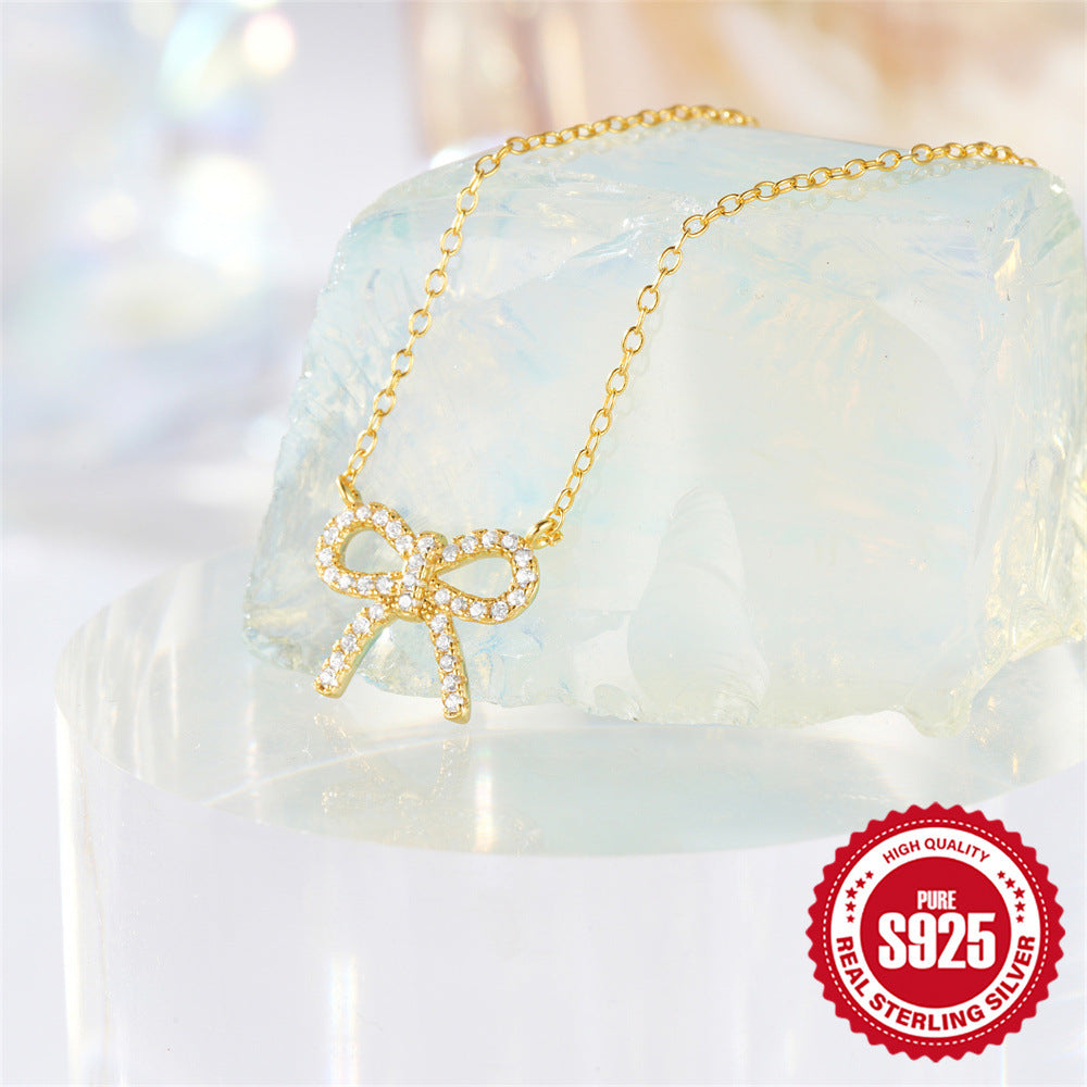 Wholesale S925 Sterling Silver Bow Diamond Street Shot Trendy Clavicle Necklace