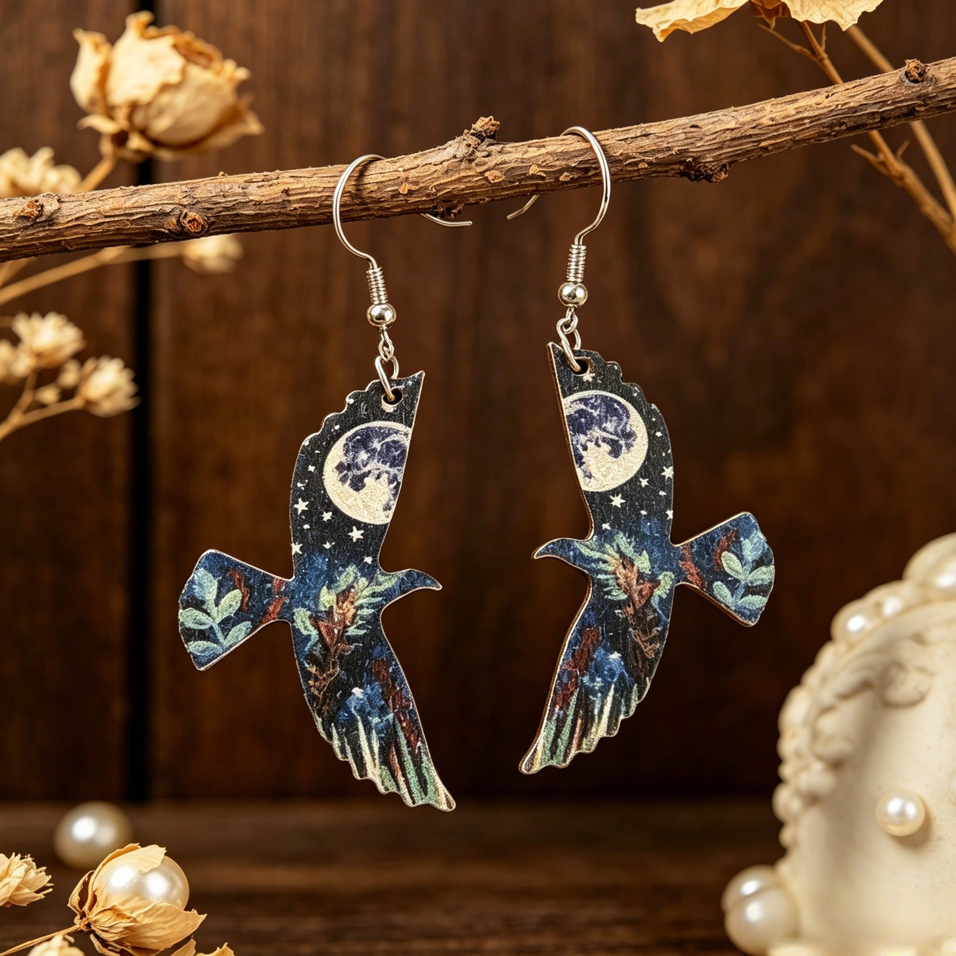 Wholesale Wooden Starry Sky Moon Bird Earrings Fashion Accessory Decorative Gift