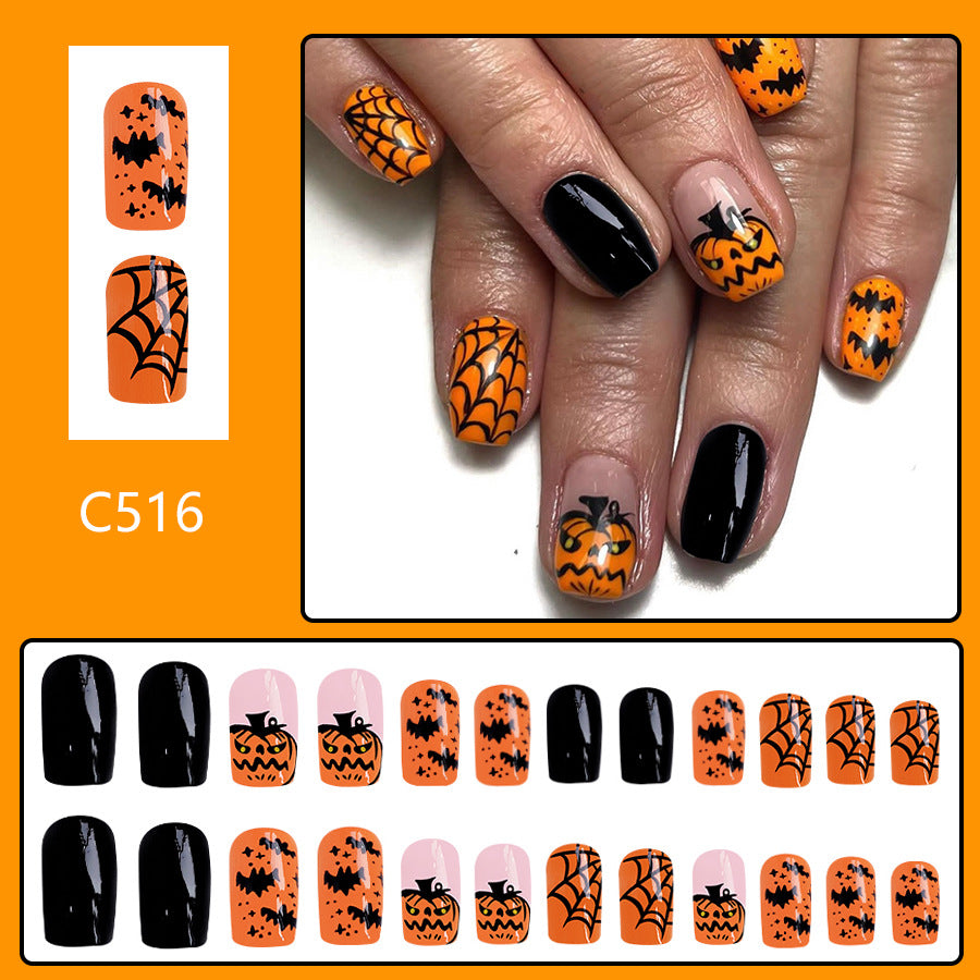 Wholesale 24 Pieces/box Halloween Devil Pumpkin Press-on Nails Kits Nail Stickers ACC-NS-GuaiXL069