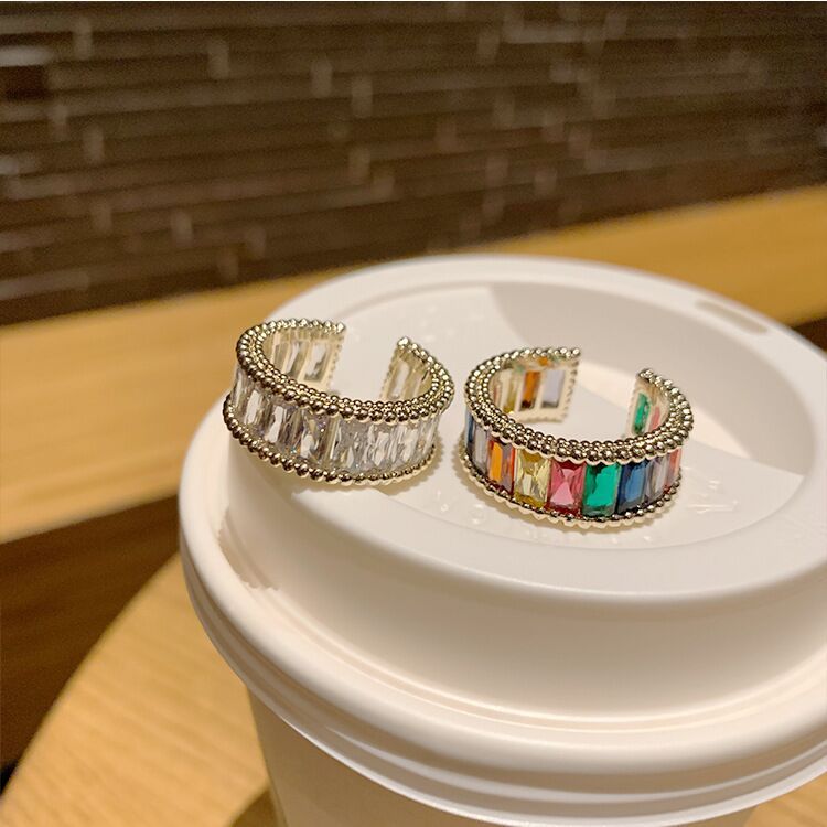 Wholesale Stylish Rainbow Zirconia Open Adjustable Ring Gold Tone Copper Electroplated For Unisex Fashion Jewelry Accessory