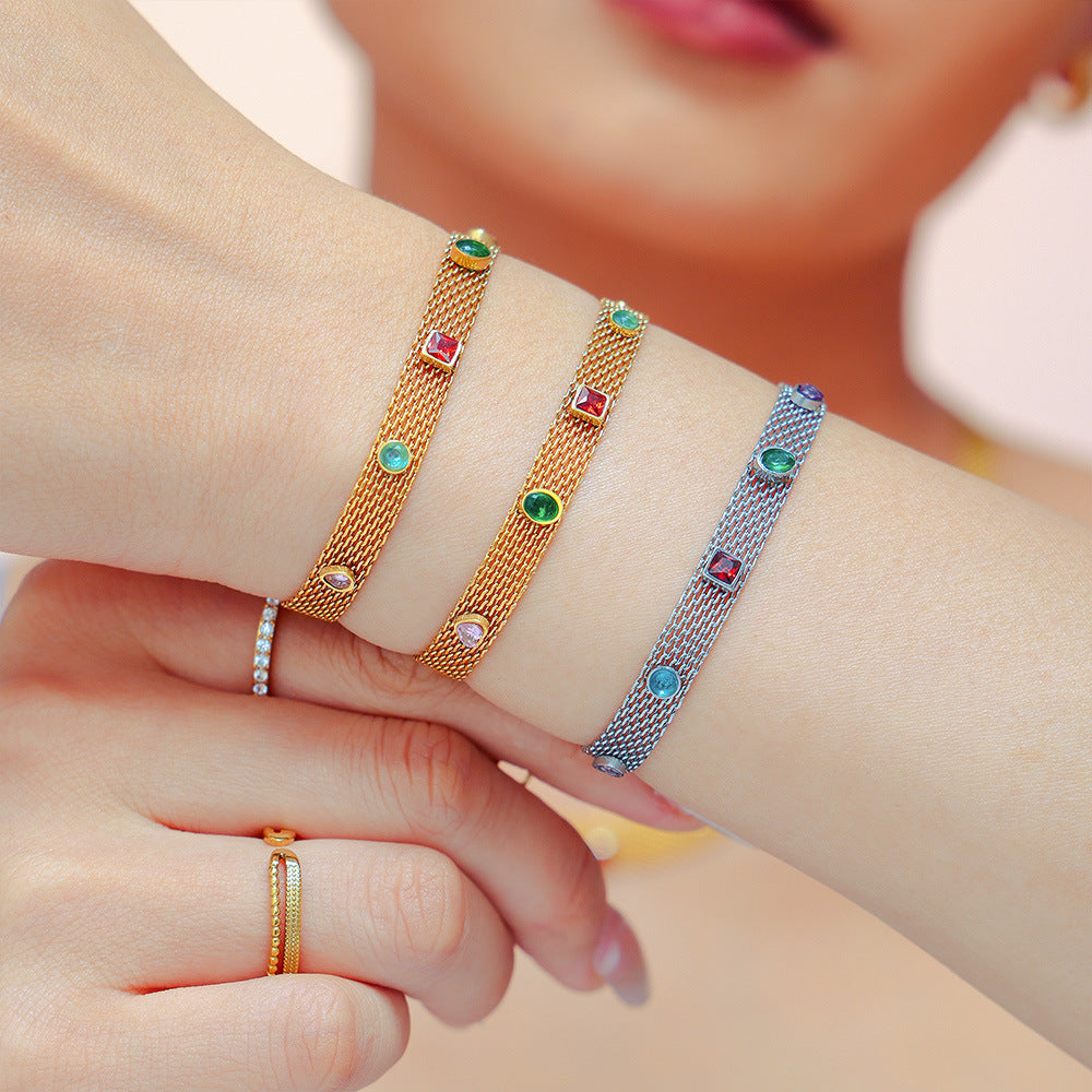 Wholesale Titanium Steel  Geometric Colorful Zircon Necklace Bracelet Set