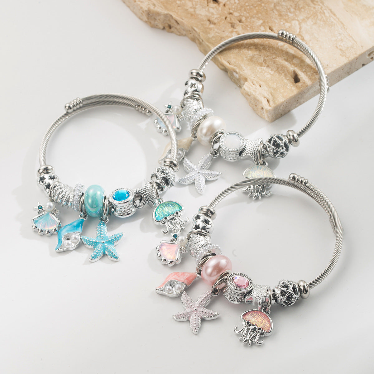 Wholesale Trendy Blue Ocean Themed Stainless Steel Bracelet With Zircon Starfish Pearl Jellyfish Pendants Adjustable Bangle Jewelry Accessory
