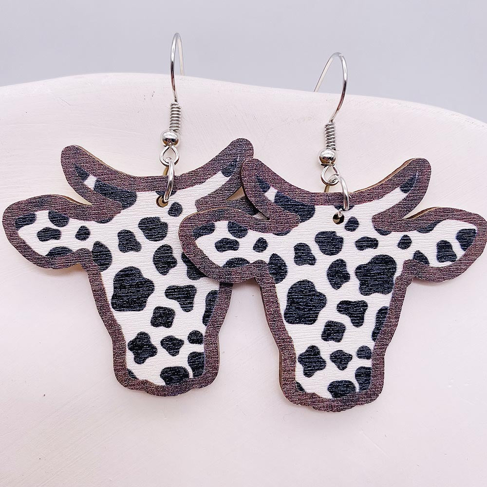 Wholesale Wooden Western Cowboy-Style Leopard Print Bull Skull Earrings