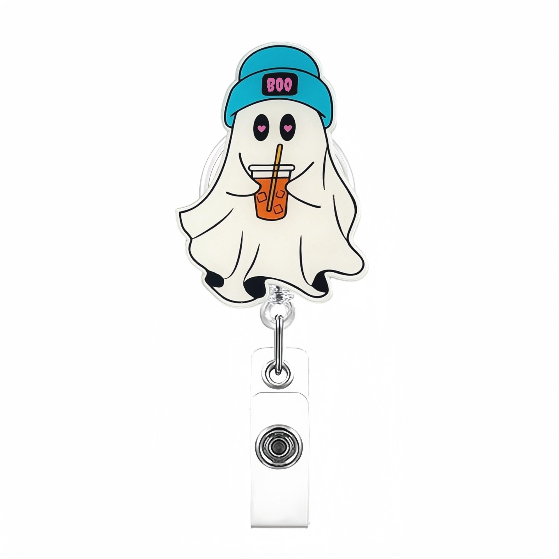 Wholesale Cute White Ghost Retractable Badge Reel with B. O. O.  Design,  Acrylic ID Holder for Nurse Doctor,  Gift
