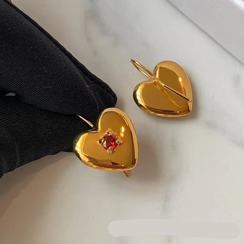 Wholesale Red Diamond Heart Gold Earrings