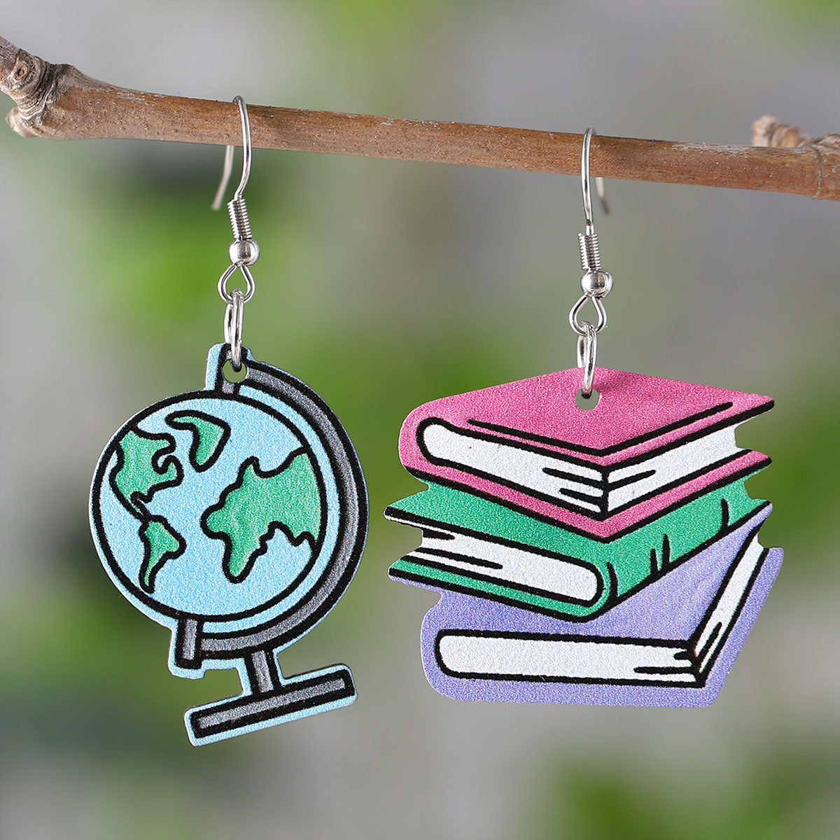Wholesale globe books calculator scissors wooden double-sided earrings