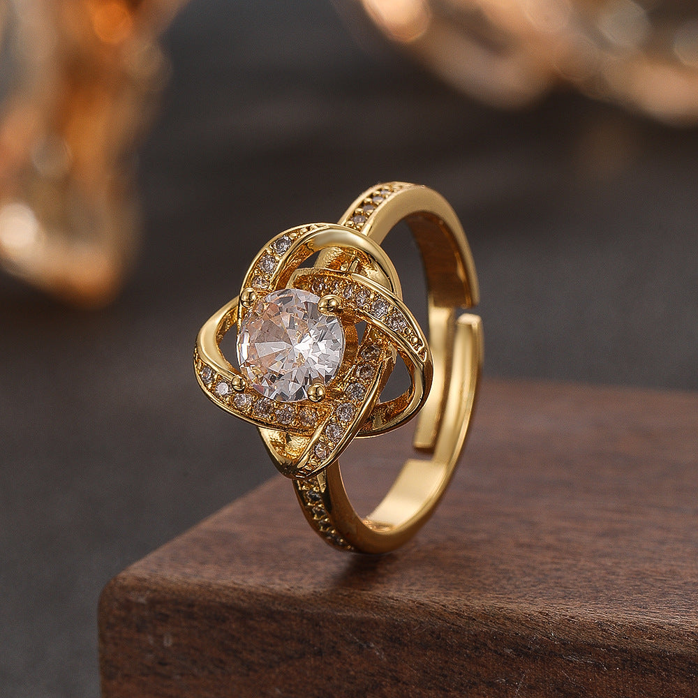 Wholesale Chic Zircon Simulated Moissanite Ring For Women Gold Tone Fashion Jewelry Accessory Boutique Resale Gift
