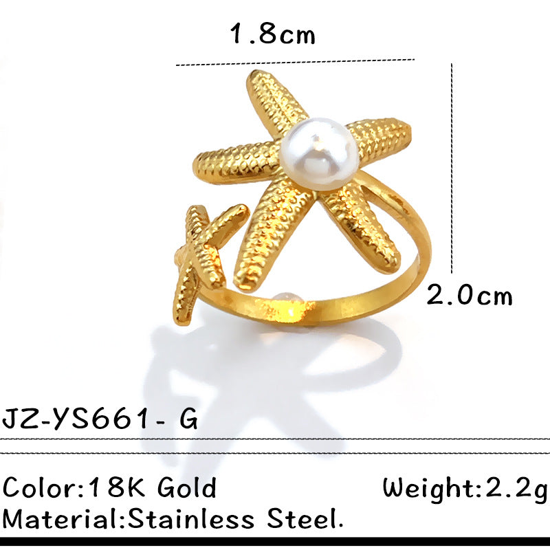 Wholesale Stainless steel starfish shell ring with pearl setting and open design