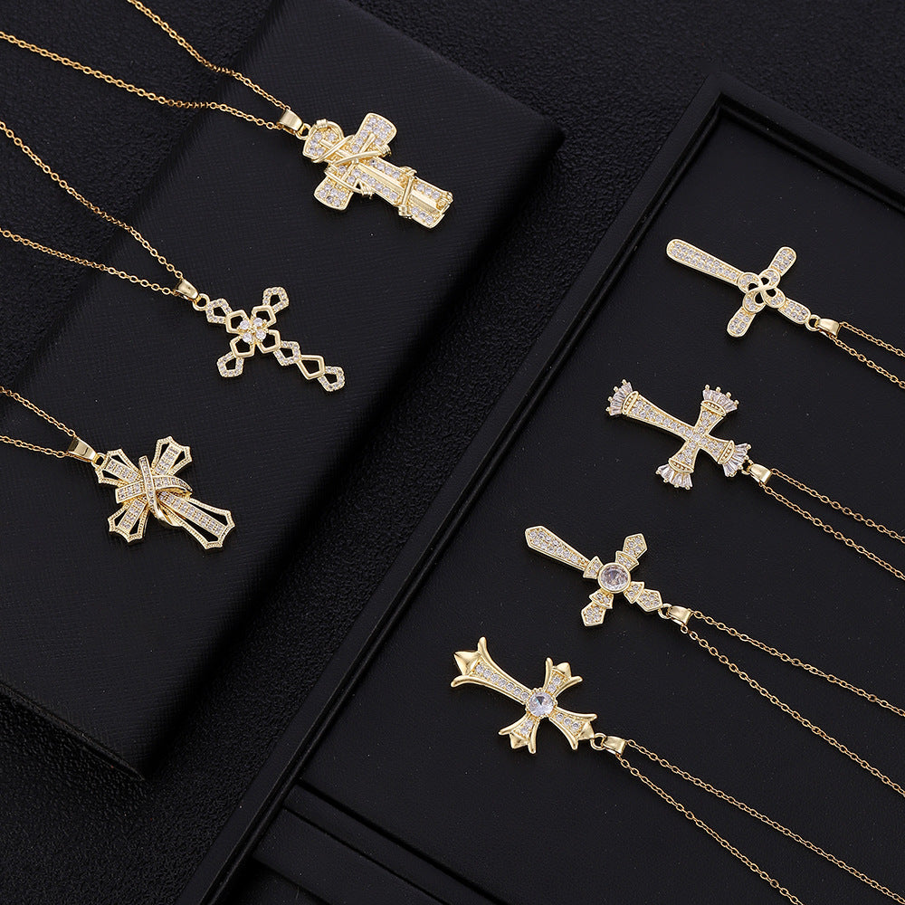 Wholesale Copper Electroplated Zircon Cross Pendant Necklace For Women Fashion Jewelry Accessory Gift