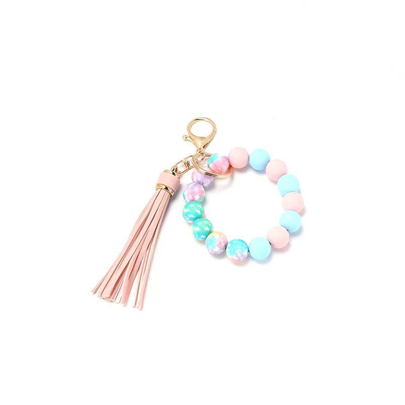 Wholesale Sunflower Printed Tassel Silicone Beaded Wristlet Keychain ACC-KC-JinAn017
