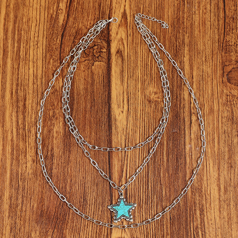Wholesale Bohemian Layered Turquoise Star Necklace Alloy Electroplated Clavicle Jewelry Accessory