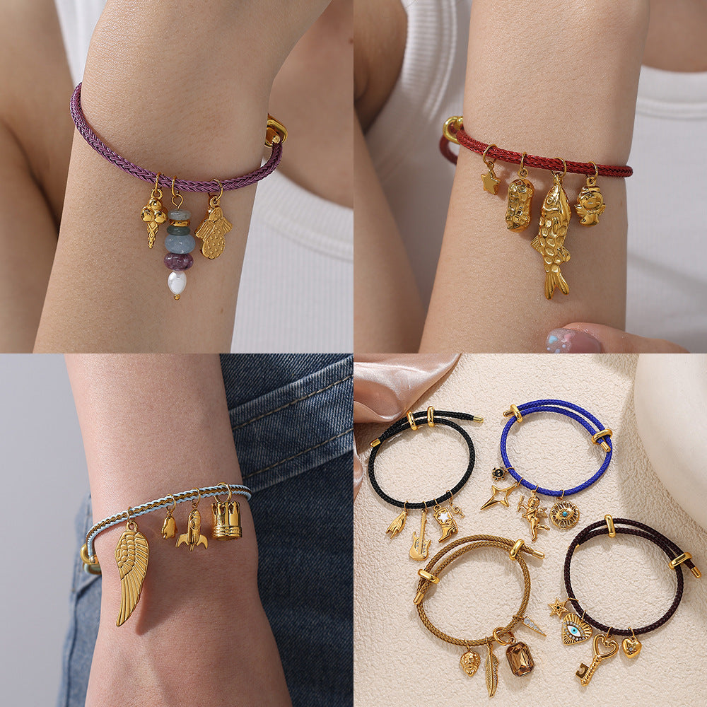 Wholesale Cross-Border European and American Popular Adjustable Rope Multi-Pendant Bracelet DIY Stainless Steel Plated 18K Gold Bracelet Accessible Luxury Model