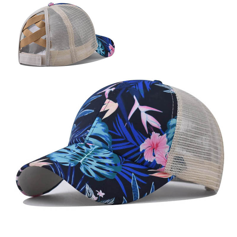 Wholesale Chic Women S Baseball Cap With Ponytail Opening Narcissus Floral Print Adjustable Sun Protection Summer Hat