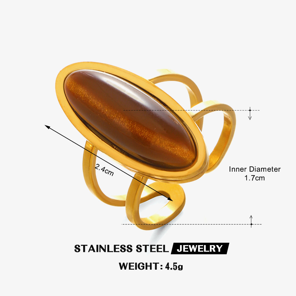 Wholesale Stainless Steel Tiger Eye Stone Geometric Oval Wide Ring for Women - Stylish Hip-Hop Jewelry Accessory