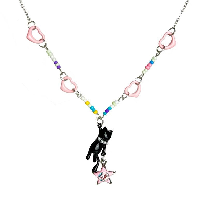 Wholesale Summer Y2K Black Cat  Pink Star Beaded Necklace