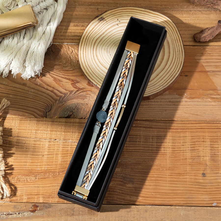 Wholesale stacked woven pu magnetic clasp winding diamond leather bracelet