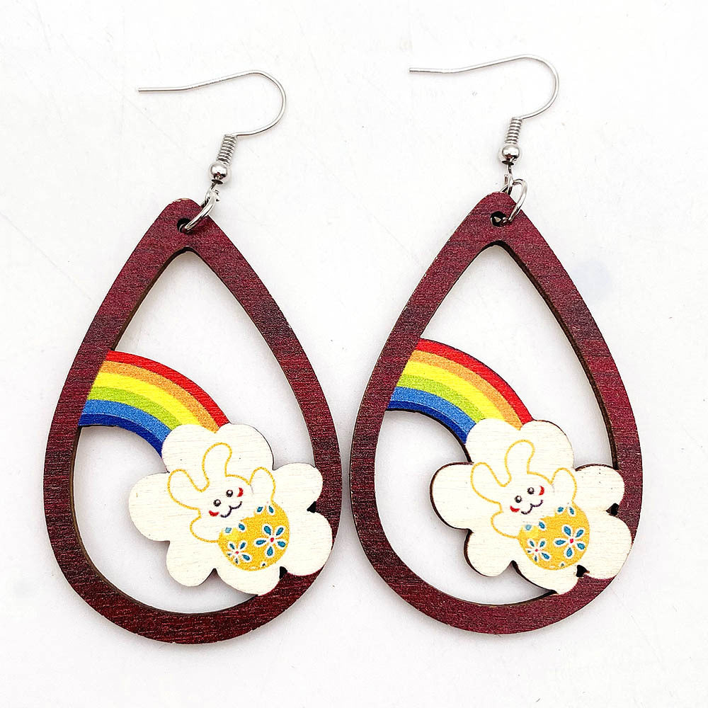 Wholesale Easter Rainbow Wooden Earrings  Teardrop Rabbit Earrings