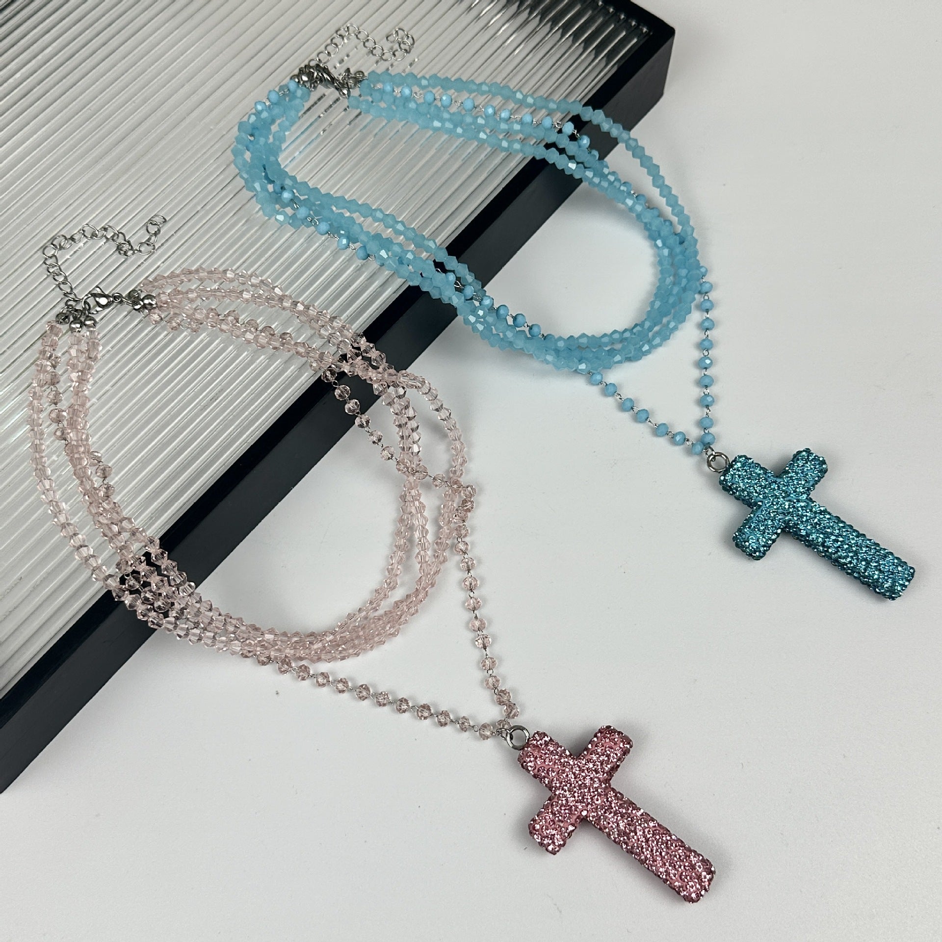 Wholesale Beaded and diamond cross double-layered necklace