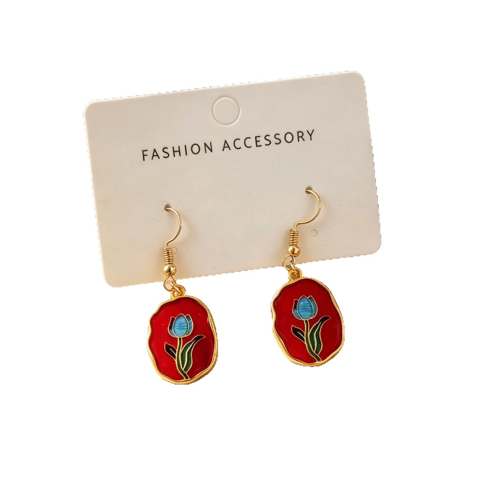 Wholesale Retro Oil Painting Style Floral Enamel Round Earrings