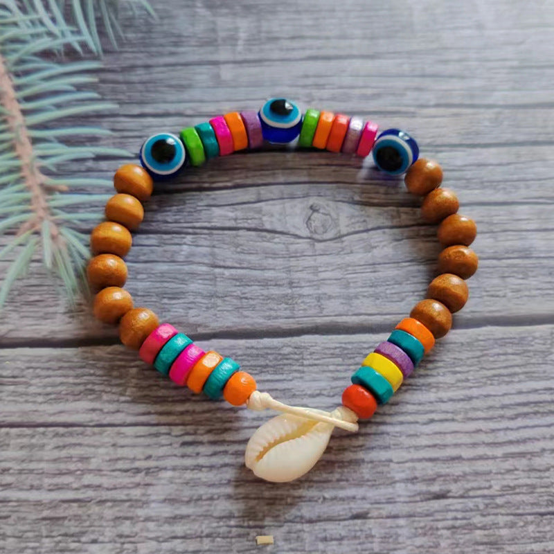 Wholesale Boho Devil's Eye Colored Wooden Beads Natural Shell Bracelet ACC-BT-Youl012