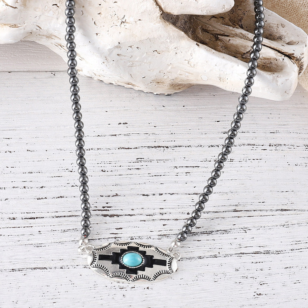 Wholesale  Retro Inlaid Color Turquoise Alloy Necklace