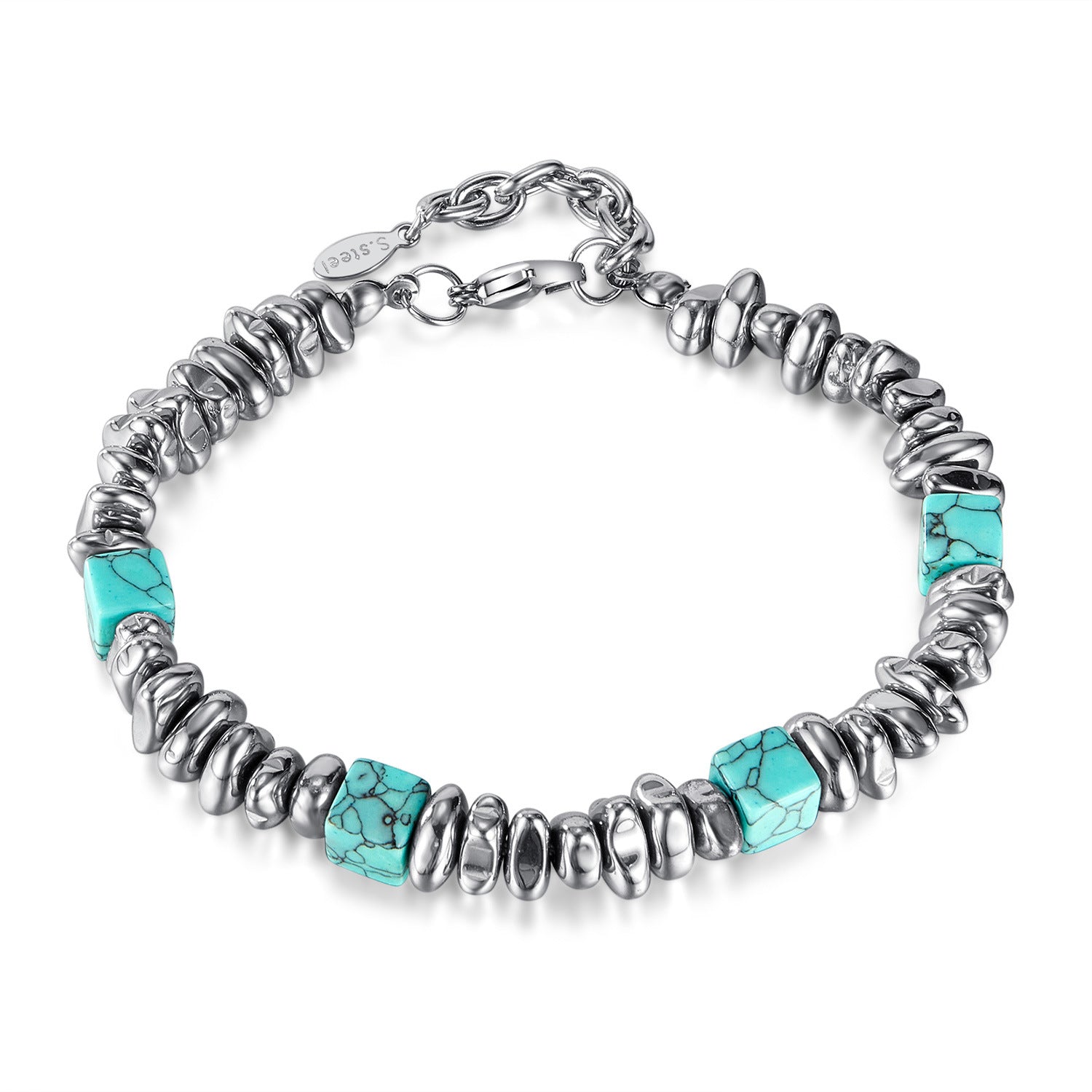 Wholesale stainless steel personality design blue turquoise black stone bracelet