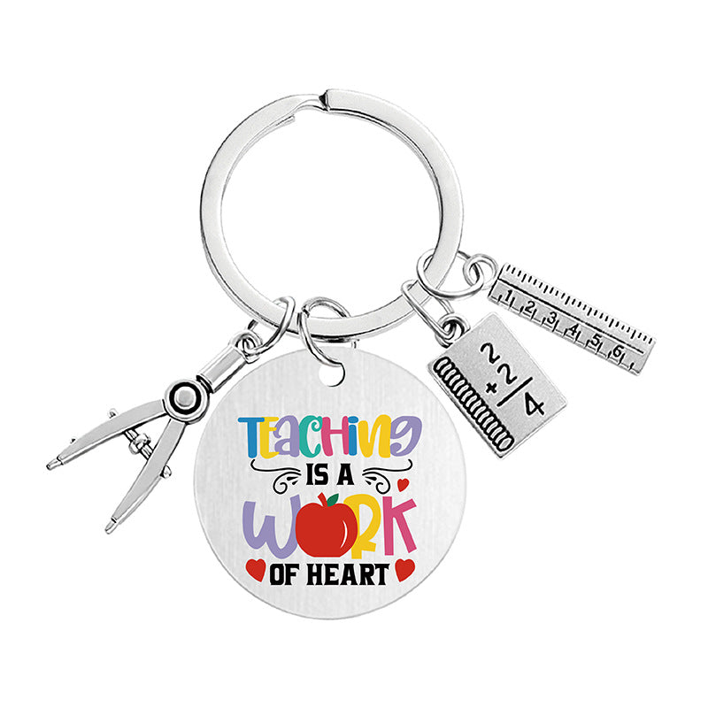 Wholesale Color Printing Gratitude Teacher Compasses Ruler Metal Keychain Holiday Gift Teacher's Day Pom Pom ACC-KC-Ganggu015