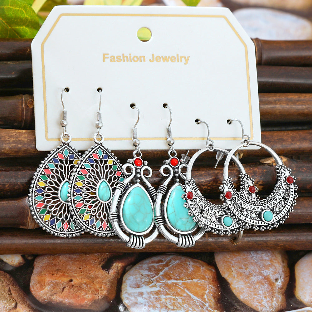 Wholesale European and American Cross-Border Hot Selling New Turquoise Earrings Set Fashion Ethnic Holiday Style Earrings Earrings Manufacturer