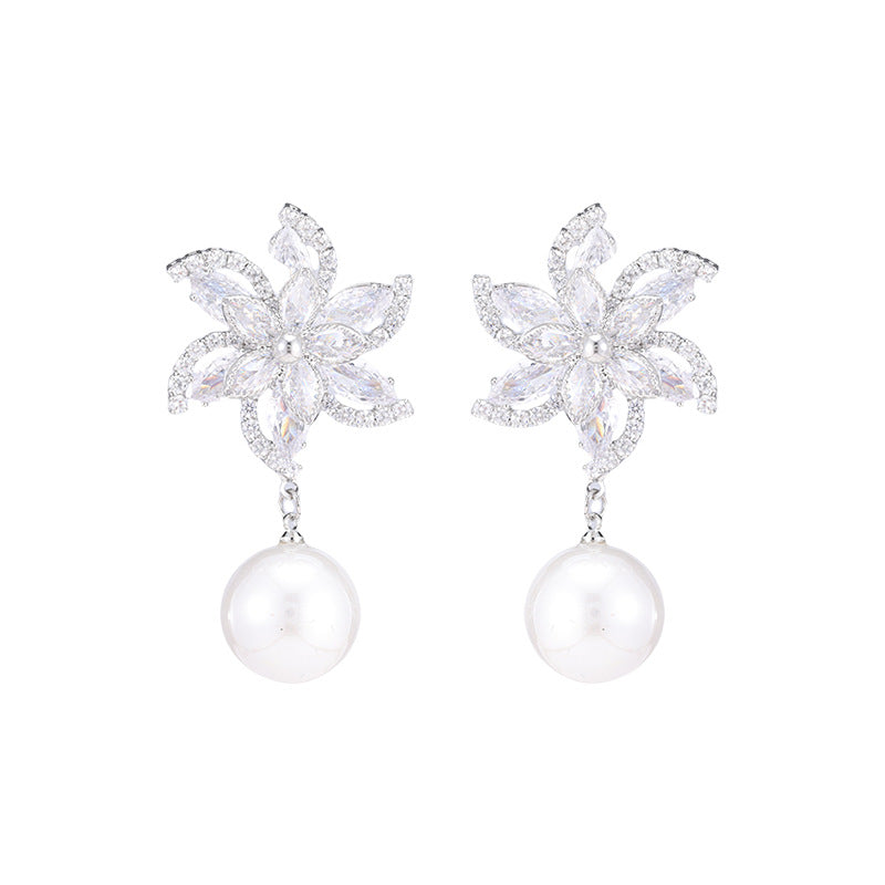 Wholesale Flower Earrings Super Flash Zircon Windmill Pearl Earrings