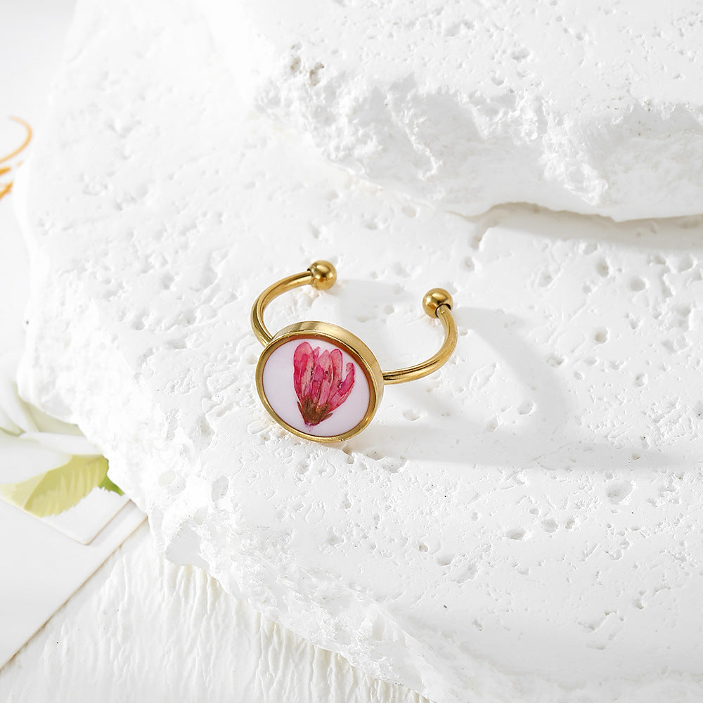 Wholesale Chic Adjustable Stainless Steel Ring With Dried Flower Boutique Resale Jewelry Accessory