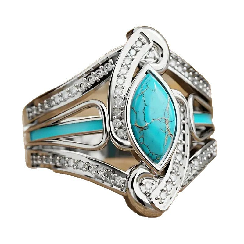 Wholesale Cross-Border Supply Hot Selling New Products European and American Fashion Retro Diamond Blue Turquoise Ring Women' s Gift Factory Direct Sale