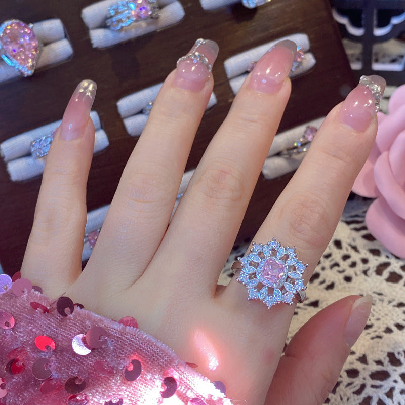 Wholesale Luminous Pink Gemstone Ring 18K Gold Plated Sweet Ring Adjustable Rings ACC-RS-GeLeisi001