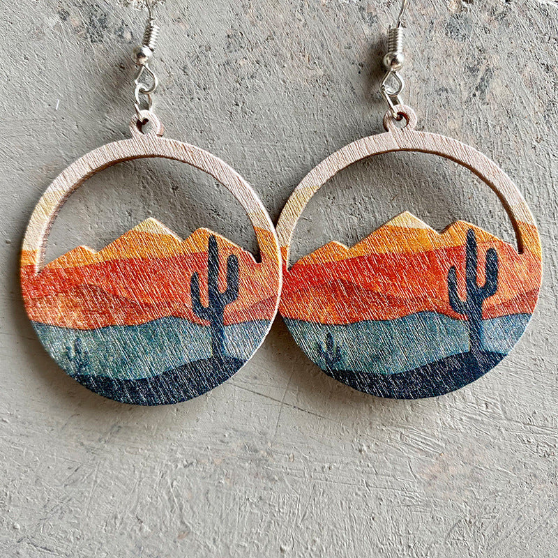Wholesale Chic Geometric Wooden Earrings With Western Cactus Print Boutique Resale Jewelry Accessory