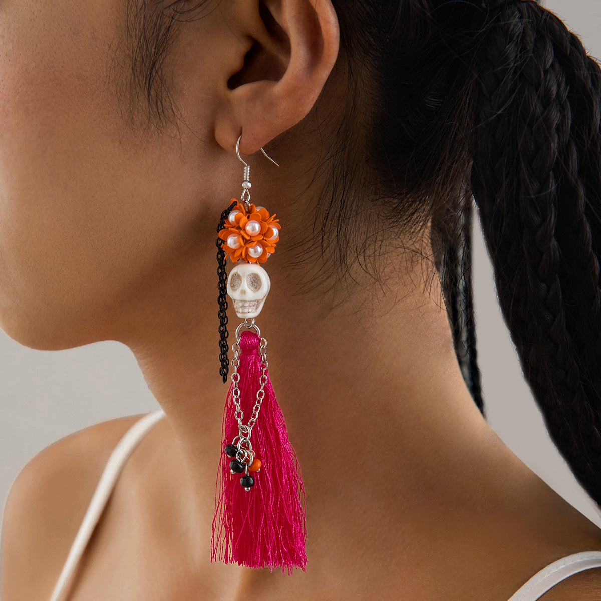 Wholesale   funny  skull tassel rice beads earrings