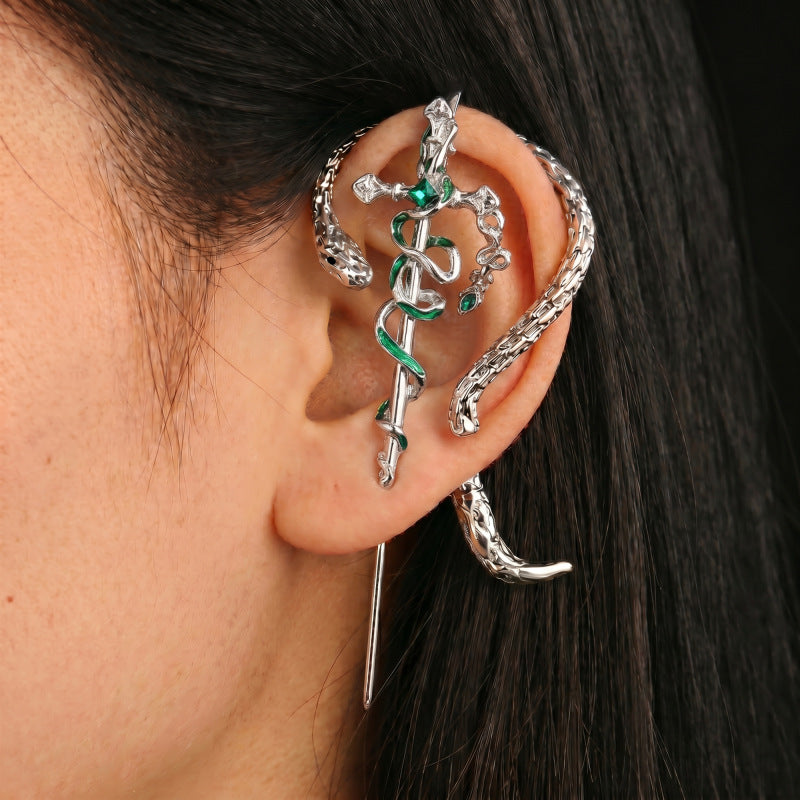 Wholesale Trendy Dark Snake Cross Earrings Metal Double Ear Piercing Jewelry Accessory for Cool Girls Boutique Resale