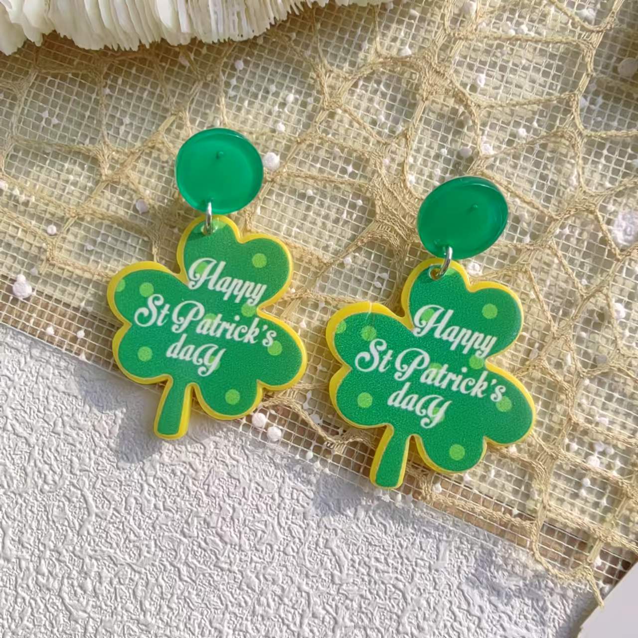 Wholesale Acrylic Printed Clover St. Patrick's Day Women's Vintage Earrings