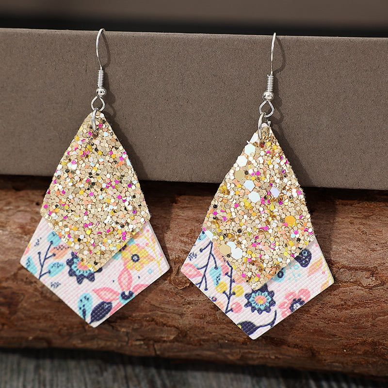 Wholesale  retro diamond sequins double-layer pattern personality trendy leather earrings