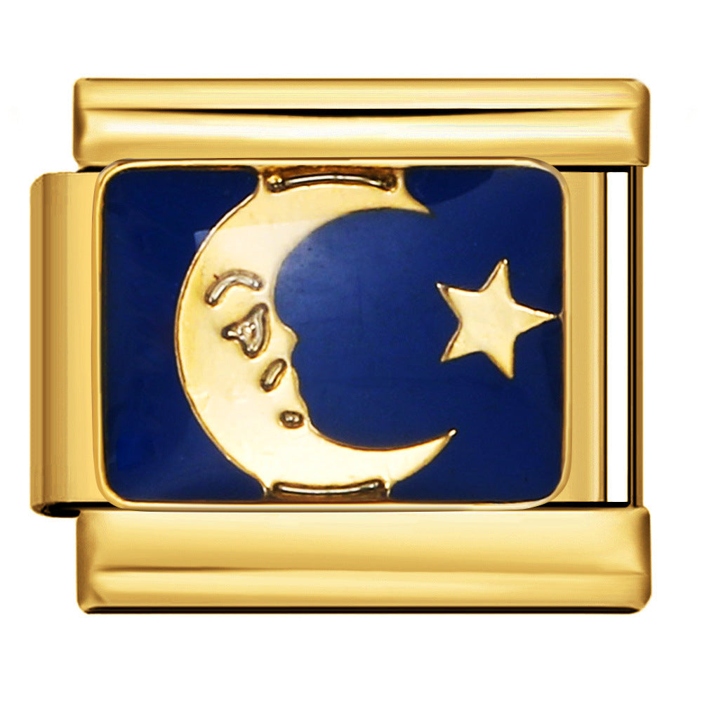 Wholesale 5pcs Italian Charm Bracelet 9mm DIY Splicing Gold-Based Star-Moon Blue Stainless Steel Composable Bracelet