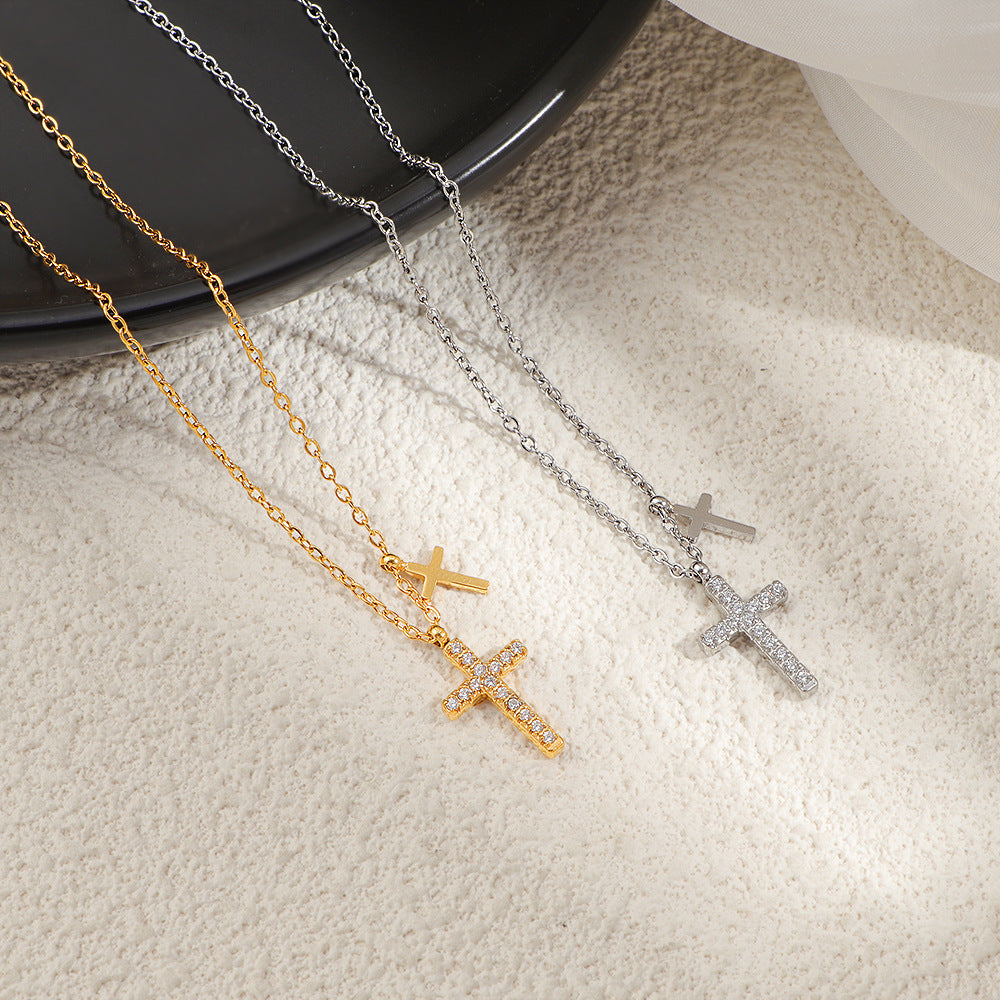 Wholesale Titanium Steel Diamond Cross Pendant Necklace Geometric Gold Jewelry Accessory Gift
