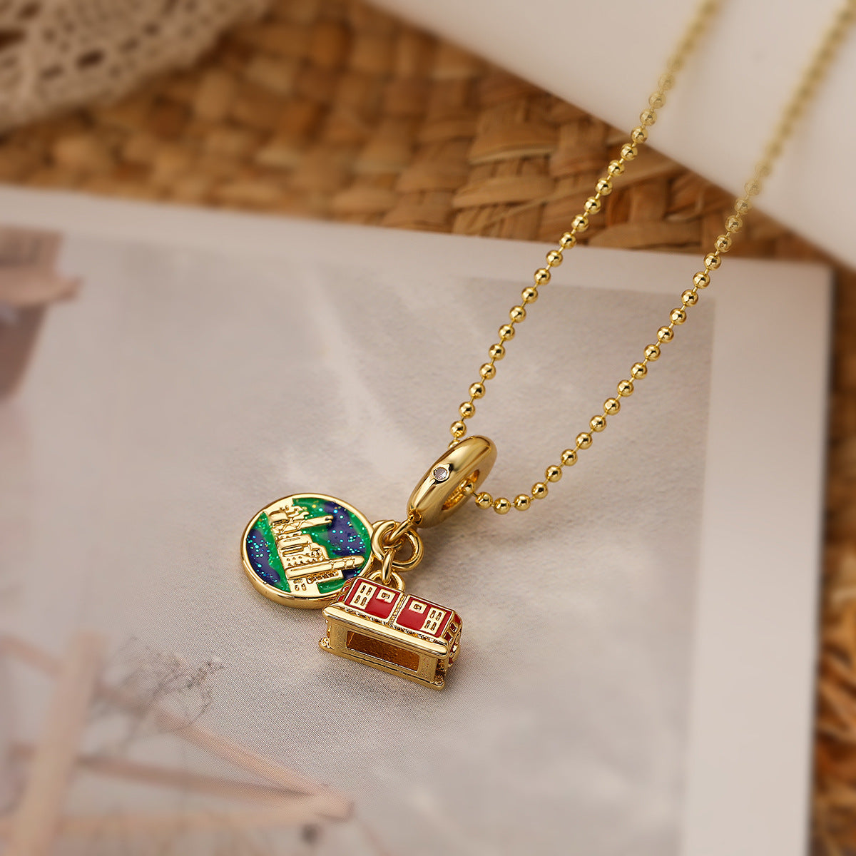 Wholesale Copper Gold Plated Zircon Camera Passport Pendant Necklace