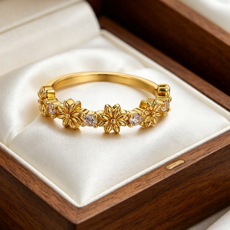 Wholesale Copper Open Flower Ring with Zircon for Women Everyday Wear Fashion Accessory